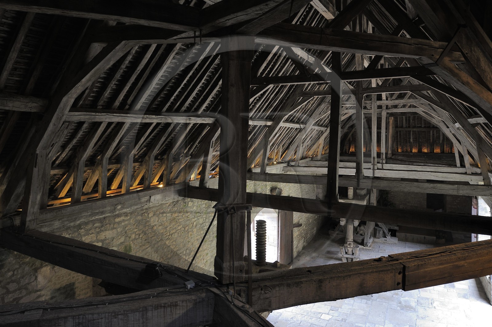 France, Côte-d'Or (21), le Château du Clos-de-Vougeot (vignoble des Côtes de Nuit), la cuverie à l'imposante charpente