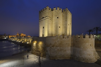 Spain, Andalusia, Cordoba, historical center listed as World Heritage by UNESCO, the Calahorra Tower, the 1st century BC Roman bridge over Guadalquivir river and the Mosque Cathedral in the background
