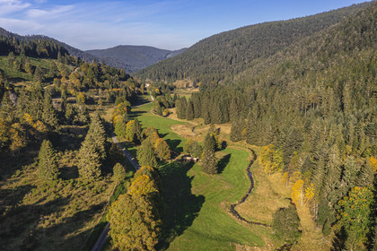 France, Vosges, Le Valtin, village in the upper valley of the Meurthe, the valley below the Schlucht pass (aerial view)