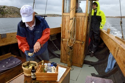 Suède, Västra Götaland, Grebbestad, ferme ostréicole de Everts Sjöbod (Boathouse Evert), sortie en mer avec Lars Karlsson