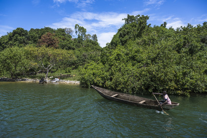 Rwanda, Province de l’Ouest, Karongi (anciennement nommée Kibuye), lac Kivu, pirogue naviguant entre les ilots au large de Kibuye