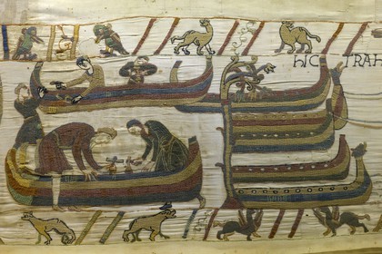 France, Calvados, Bayeux, tapestry museum, Bayeux tapestry, tapestry of Queen Mathilde listed as Memory of the World by UNESCO telling the story of England's invasion by William the Conqueror, drakkar