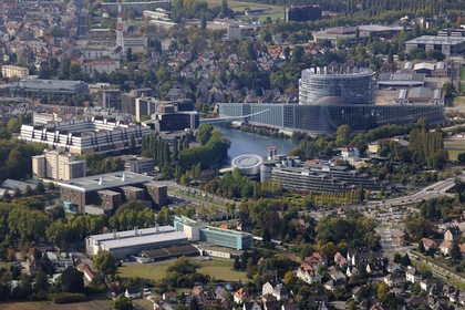 France, Bas Rhin, Strasbourg, European District with the European Council, the European Parlement, Palais des Droits de l'Homme (European Court for Human Rights) and European Pharmacopoeia in the foreground (aerial view)