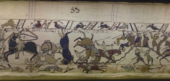France, Calvados, Bayeux, tapestry museum, Bayeux tapestry, tapestry of Queen Mathilde listed as Memory of the World by UNESCO telling the story of England's invasion by William the Conqueror