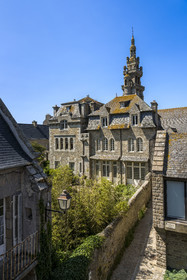 France, Finistère, Roscoff, the roofs of the town hall overlooked by Notre-Dame de Croaz Batz church