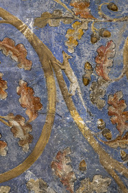 France, Vaucluse, Avignon, Palais des Papes (Palace of the Popes) listed as World heritage by UNESCO, the Tower of Angels or Pope's Tower, Pope's Room, a two-dimensional plant space made of vine and oak scrolls, dotted with birds and squirrels, adorns the walls on a sky blue background