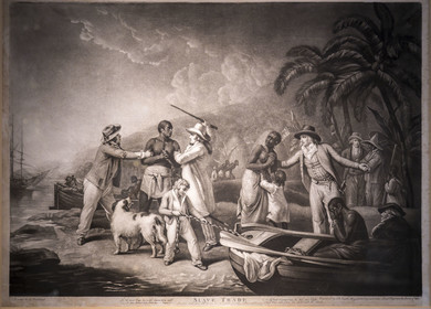 France, Morbihan, Port-Louis, Port Louis Citadel, museum of the Compagnie des Indes, Slave Trade (excecrable human trafficking) by Georges Morland, engraving London 1791, one of the first pictorial works denouncing human trafficking