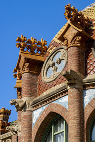 Spain, Catalonia, Barcelona, El Guinardo district, former Hospital de la Santa Creu i de Sant Pau listed as UNESCO World Heritage, modernist style by architect Domenech i Montaner, today a museum and a cultural center, detail of the decoration of one of the pavilions