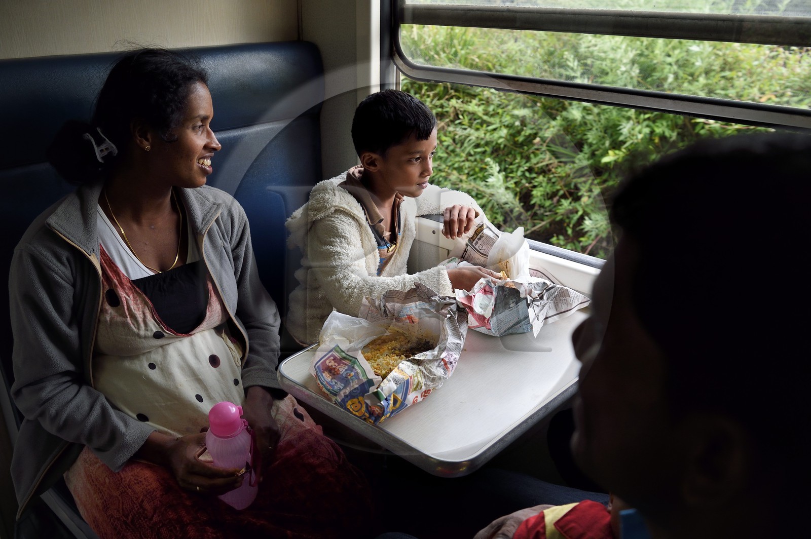 Sri Lanka, Province d'Uva, trajet en train dans la région montagneuse de la culture du thé entre Hatton et Ella, passagers du train vers Ambewela