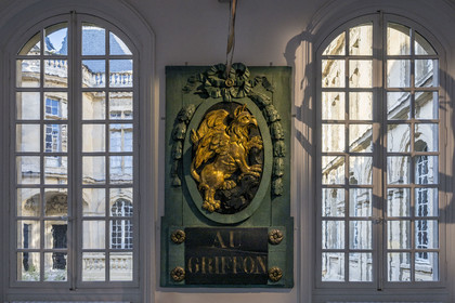 France, Paris, Marais district, Carnavalet Museum, Paris sign room, Au griffon (the Griffin), furniture merchant's sign formerly on rue du Faubourg Saint-Antoine (18th century)