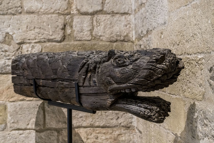France, Vaucluse, Avignon, Palais des Papes (Palace of the Popes) classified as UNESCO World Heritage, Tarasque, carved wood at the end of a roof corner beam (15th century)