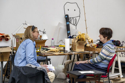 France, Hauts de Seine, Malakoff, the artist Annette Messager in her studio, visit with Doctor of Art History and journalist Caroline Benzaria