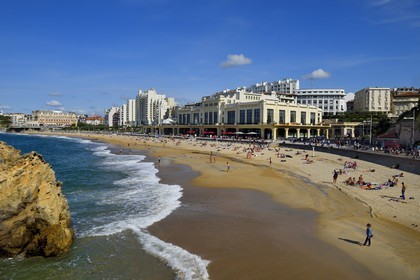 France, Pyrenees Atlantiques, Basque Country, Biarritz, the Grande Plage (town's largest beach), the casino and the Hotel du Palais in the background