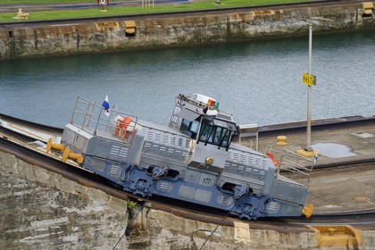 Panama, Colon province, Panama Canal, Gatun locks, mechanical mule or electric locomotive guiding the Panamax cargos between the lock walls