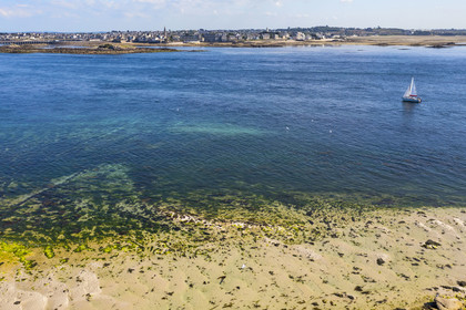 France, Finistère (29), Iles du Ponant, Ile de Batz, le chenal entre la Pointe de Penn-Batz et Roscoff en arrière plan (vue aérienne)