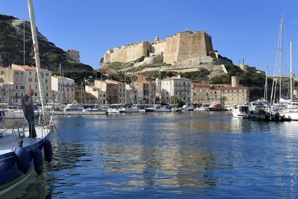 France, Corse du Sud, Bonifacio, the port overlooked by the Citadel in the upper town