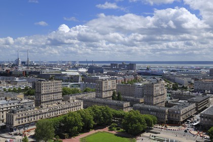 France, Seine Maritime, Le Havre, Downtown rebuilt by Auguste Perret listed as World Heritage by UNESCO, Perret buildings around the City Hall gardens and the port in the background