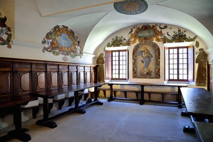 France, Alpes-Maritimes, Roya Valley (Nice hinterland), at the foot of the Mercantour National Park, Saorge, Monastery of Saorge (Centre des monuments nationaux) former Our Lady of Miracles Franciscans Convent, the 17th century refectory and its frescoes