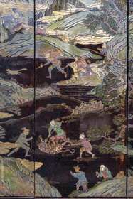 France, Morbihan, Port-Louis, Port Louis Citadel, museum of the Compagnie des Indes, screen from the Coromandel Coast depicting the Kangxi Emperor's hunt in the Mulan Reserve, China Kangxi period 1662-1722 (detail)