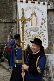 France, Finistere, Locronan, labelled Les plus Beaux Villages de France (The Most Beautiful Villages of France), leaving in traditional costume Péniti chapel adjacent to the church of Saint Ronan for the start of the procession of the Tromenie