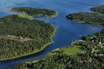Sweden, Västerbotten County, region of Umea, small harbor of Ratan - Tullgarden south of Bygdea along the Baltic Sea(aerial view)