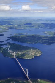 Sweden, Västernorrlands, High Coast Bridge (Höga Kusten Bridge) suspension bridge on the European route E 4 in the North of Härnösand (aerial view)