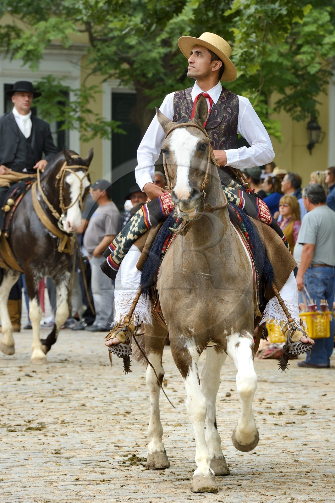Argentine, province de Buenos Aires, San Antonio de Areco, fête du Jour de la Tradition (Dia de la Tradicion), défilé de gauchos à cheval en habit traditionnel, à noter les Botas de Potro - bottes faites d'une seule pièce de cuir sans couture dans les extrémités postérieures des chevaux