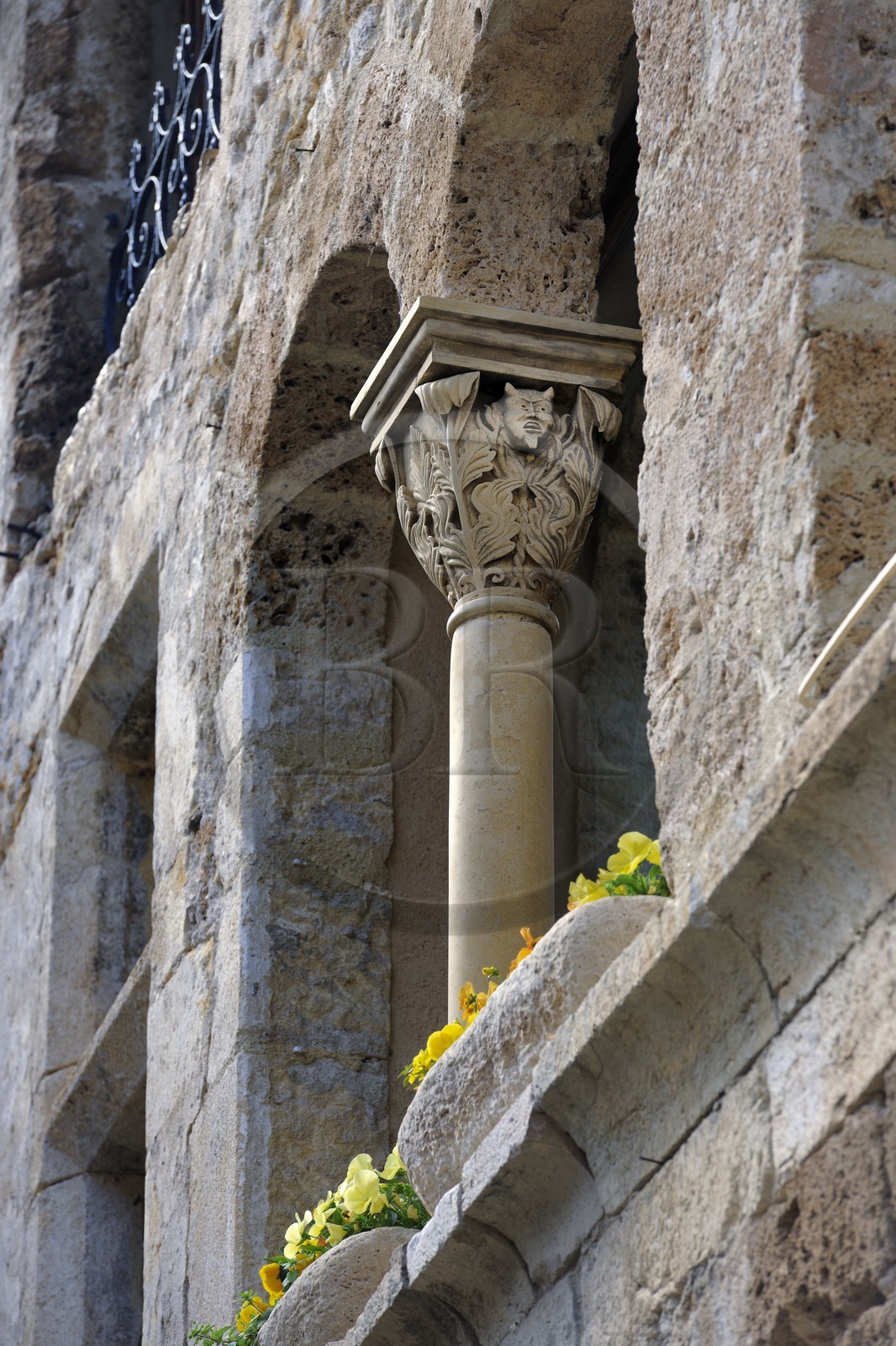 France, Herault, Saint Guilhem le Desert Medieval Village, Labelled Les Plus Beaux Villages de France (the Most Beautiful Villages of France), carved column rue du Four