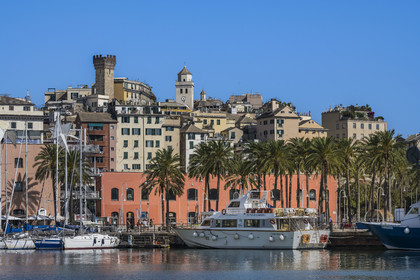 Italie, Ligurie, Gênes, le Porto Antico (Vieux Port) et la Torre degli Embriaci, tour médiévale du XIIème siècle haute de 41 mètres en arrière plan