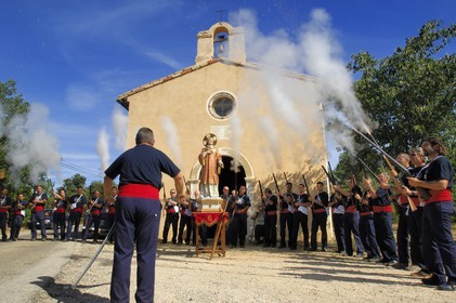 France, Var (83), la Provence Verte, Bras, the Bravade (bravado), procession of Saint Etienne, bravaders firing a blank
