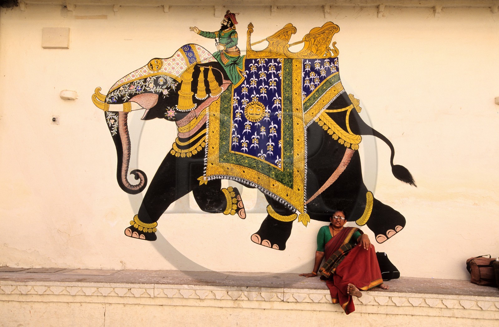 Inde, état du Rajasthan, Udaipur, Le City Palace, la première cour avec ses grandes fresques