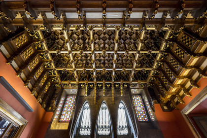 Spain, Catalonia, Barcelona, the Güell Palace (Palau Güell) built between 1886 and 1891 by the Catalan modernist architect Antoni Gaudi, a UNESCO World Heritage site, coffered ceiling on the noble floor