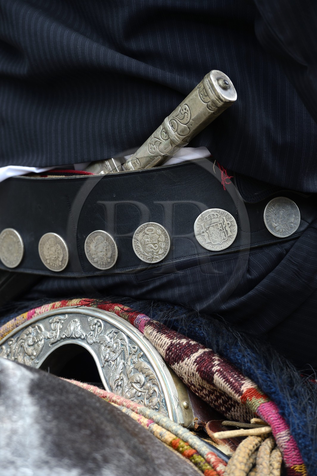 Argentine, province de Buenos Aires, San Antonio de Areco, fête du Jour de la Tradition (Dia de la Tradicion) gros plan sur une ceinture traditionnelle de gaucho et le facon (large et long couteau)