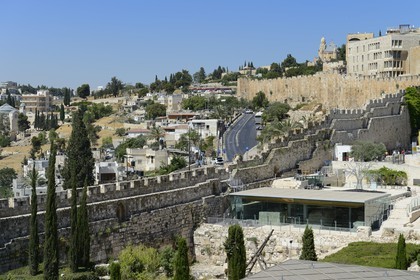 Israel, Jerusalem, holy city, the old town listed as World Heritage by UNESCO, Davidson Center down on the right, the city walls dating from the time Suleiman the Magnificent next to the Dung Gate and the Church of the Dormition in the background