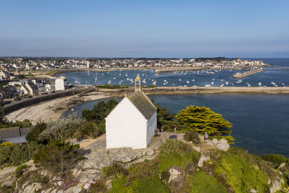 France, Finistère, Roscoff, stopover on the GR 34 hiking trail or coastal trail, the Sainte Barbe chapel at Pointe de Bloscon (aerial view)