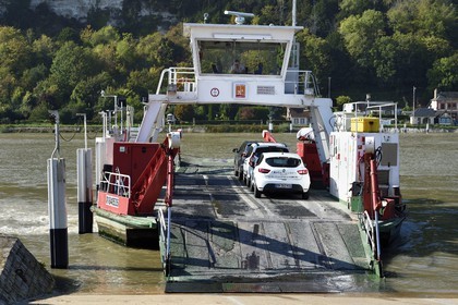 France, Seine-Maritime, Pays de Caux, Norman Seine River Meanders Regional Nature Park, the ferry crossing the Seine at Jumieges