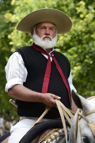 Argentina, Buenos Aires Province, San Antonio de Areco, Tradition Day festival (Dia de Tradicion), gaucho on horseback in traditional dress during the parade