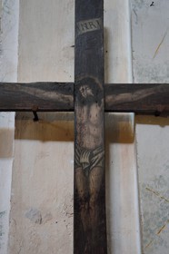 France, Alpes-Maritimes, Roya Valley (Nice hinterland), at the foot of the Mercantour National Park, Saorge, Monastery of Saorge (Centre des monuments nationaux) former Our Lady of Miracles Franciscans Convent, chapel of Our Lady, Christ painted on the procession Cross