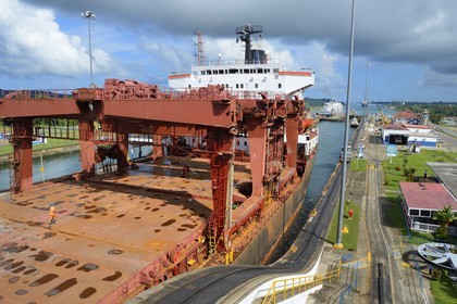 Panama, Colon province, Panama Canal, Gatun locks, Panamax cargo passing the locks