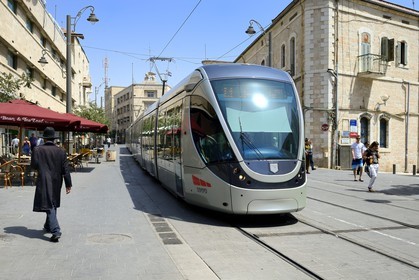 Israel, Jerusalem light rail on Jaffa Road, the line is 13.9 kilometers (8.6 mi) long with 23 stops and the train began to run on August 19, 2011