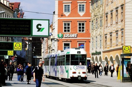 Austria, Styria, Graz, historic center listed as World Heritage by UNESCO, tramway on the Herrengrasse, main street