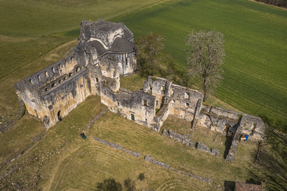 France, Dordogne, Perigord Vert, Villars, ruins of the Cistercian Abbey of Boschaud from the 12th century that belonged to the Abbey of Clairvaux (aerial view)