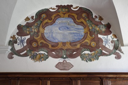 France, Alpes-Maritimes, Roya Valley (Nice hinterland), at the foot of the Mercantour National Park, Saorge, Monastery of Saorge (Centre des monuments nationaux) former Our Lady of Miracles Franciscans Convent, the 17th century refectory and its frescoes, allegory of chastity