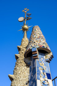Spain, Catalonia, Barcelona, the Güell Palace (Palau Güell) built between 1886 and 1891 by the Catalan modernist architect Antoni Gaudi, a UNESCO World Heritage site, chimneys and ventilation towers on the roof terrace
