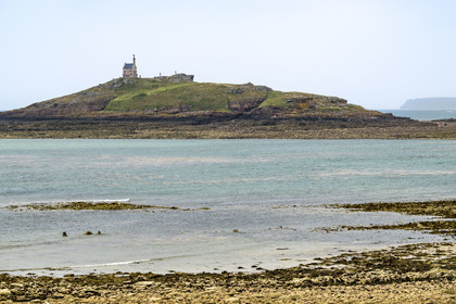 France, Cotes d'Armor, Grand Site de France Cap d'Erquy – Cap Frehel, Erquy, the Saint-Michel islet topped by the Saint-Michel chapel seen from Saint-Michel beach
