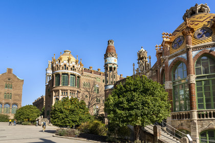 Spain, Catalonia, Barcelona, El Guinardo district, former Hospital de la Santa Creu i de Sant Pau listed as UNESCO World Heritage, modernist style by architect Domenech i Montaner, today a museum and a cultural center, It was composed of pavilions connected by underground passages