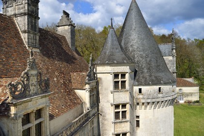 France, Dordogne, Périgord Vert, Villars, Renaissance style Puyguilhem castle, top of decorated skylight and staircase in the turret