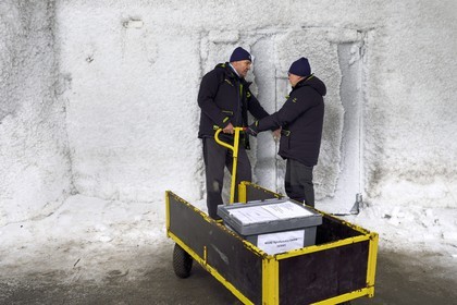 Norway, Svalbard, Spitzbergen, Longyearbyen, Svalbard Global Seed Vault (Seed Bank), antechamber of the 3 storage areas dug in the rock and at a constant temperature of -4°C provided by the permafrost, access door at the storage room artificially maintained at -18°C