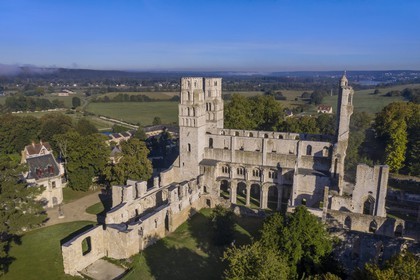 France, Seine-Maritime, France, Seine Maritime, Pays de Caux, Norman Seine River Meanders Regional Nature Park, Jumieges, abbey of Saint Pierre de Jumieges founded in the 7th century (aerial view)
