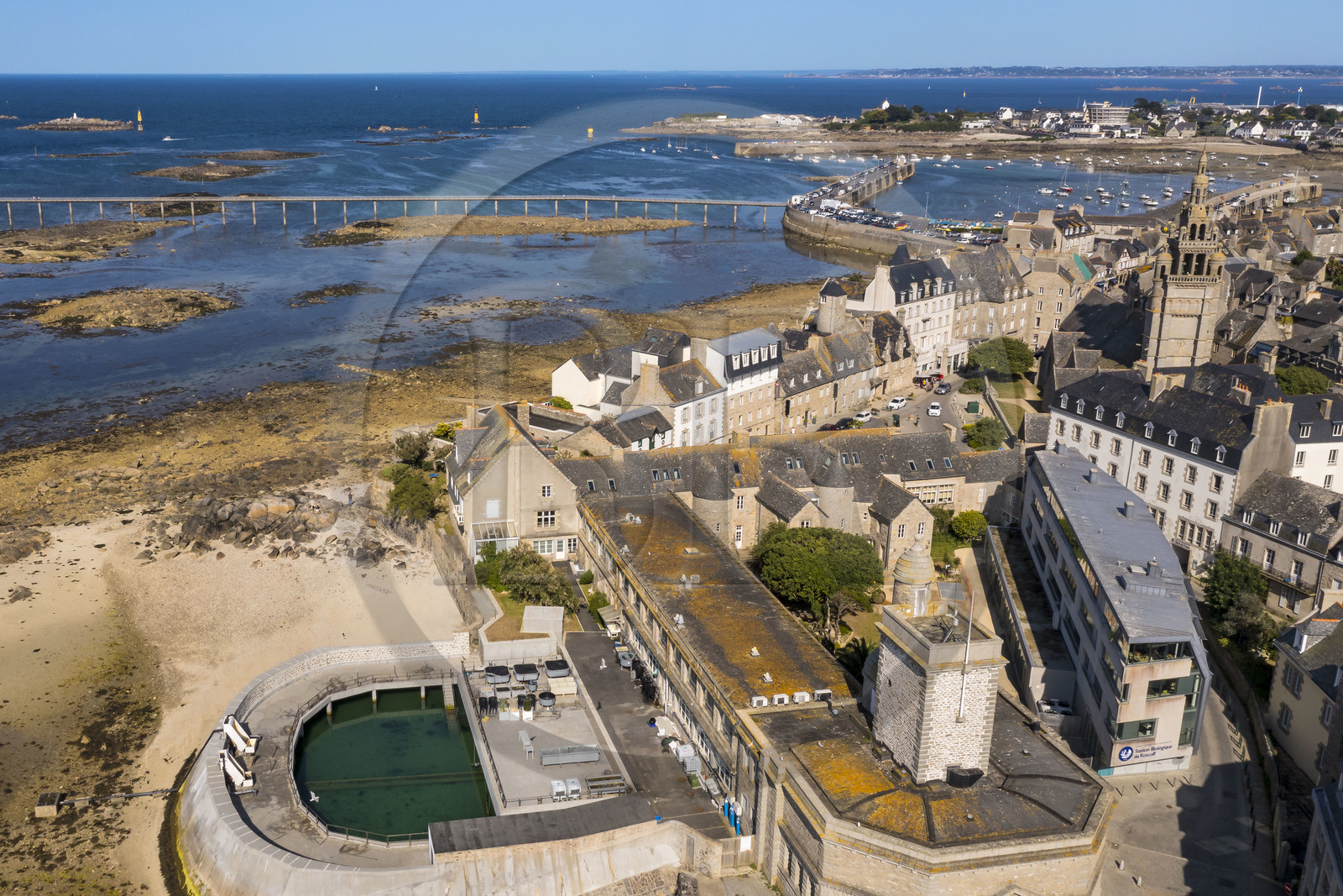 France, Finistère (29), Roscoff, station biologique du CNRS et Sorbonne université, l'estacade, passerelle embarcadère du ferry pour l'Ile de Batz, en arrière plan (vue aérienne)